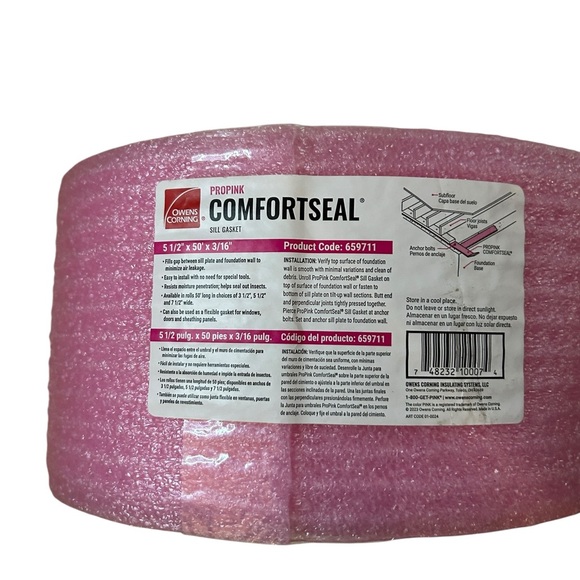 Owens Corning Pink ComfortSeal Sill Gasket 5-1/2"x50'x3/16” Insulation Seal Roll - Picture 4 of 4
